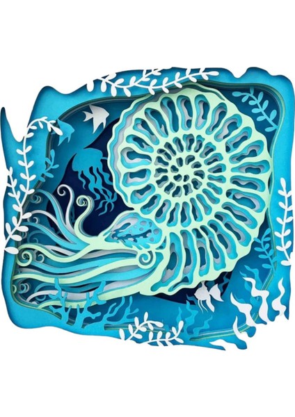 3D Lazer Kesim Mukkava Ammonit Desenli Duvar Dekoru - 30X30 cm Çerçeveli