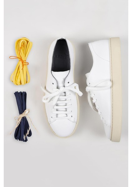 Ares Erkek Deri El Boyamalı Bağcık Ve Iki Yedek Bağcıklı Beyaz Sneakers