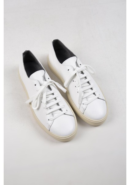 Ares Erkek Deri El Boyamalı Bağcık Ve Iki Yedek Bağcıklı Beyaz Sneakers