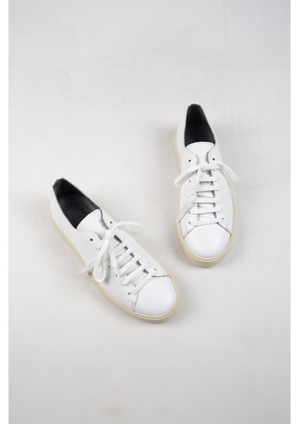 Ares Erkek Deri El Boyamalı Bağcık Ve Iki Yedek Bağcıklı Beyaz Sneakers