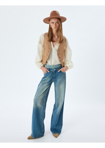 Bol Kot Pantolon Çift Bel Detaylı Düğmeli Yıkamalı Loose Straight Fit Jean fiyatları