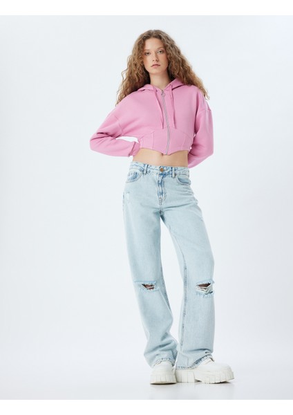 Crop Sweatshirt Fermuarlı Korse Görünümlü Kapüşonlu