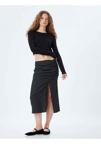 Midi Etek Yırtmaçlı Puantiyeli Drapeli Yüksek Bel Slim Fit