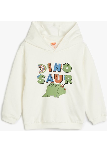 Kapşonlu Sweatshirt Uzun Kollu Bisiklet Yaka Dinozor Baskı Detaylı Pamuklu