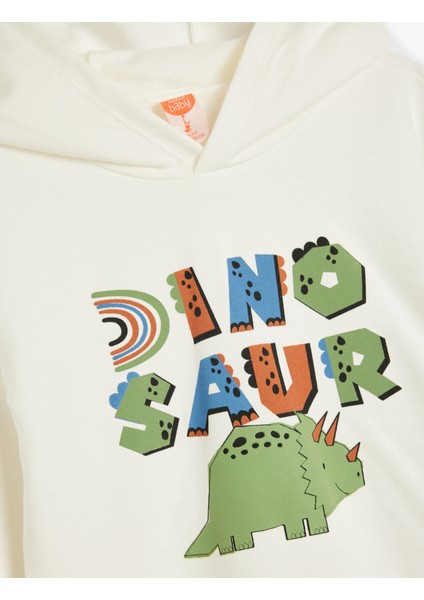 Kapşonlu Sweatshirt Uzun Kollu Bisiklet Yaka Dinozor Baskı Detaylı Pamuklu