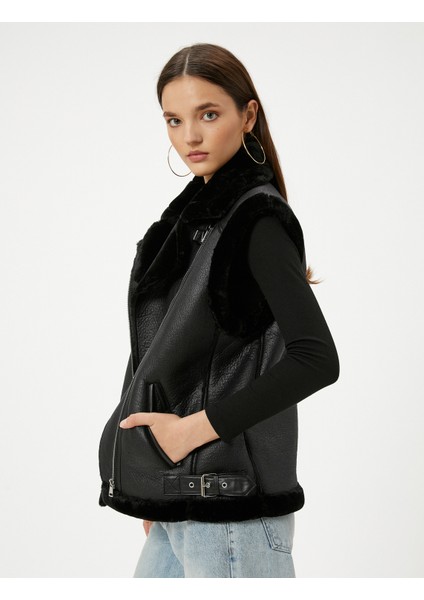 Deri Uzun Biker Yelek Yakası Kürklü Fermuarlı Cepli fiyatları