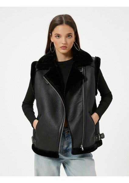Deri Uzun Biker Yelek Yakası Kürklü Fermuarlı Cepli modelleri