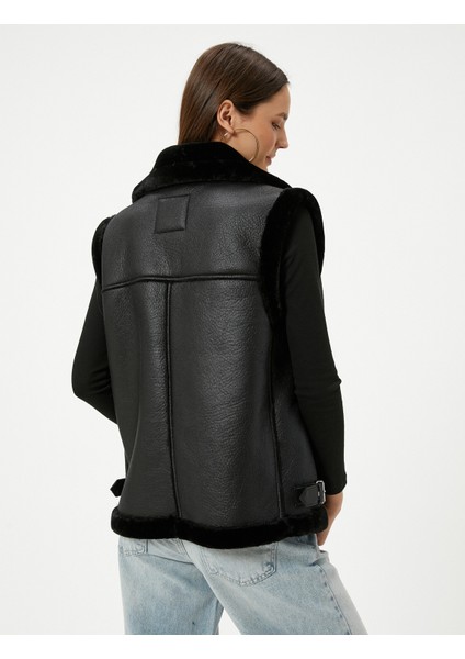 Deri Uzun Biker Yelek Yakası Kürklü Fermuarlı Cepli fırsatları