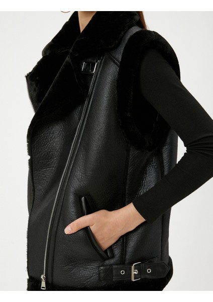 Deri Uzun Biker Yelek Yakası Kürklü Fermuarlı Cepli indirimleri