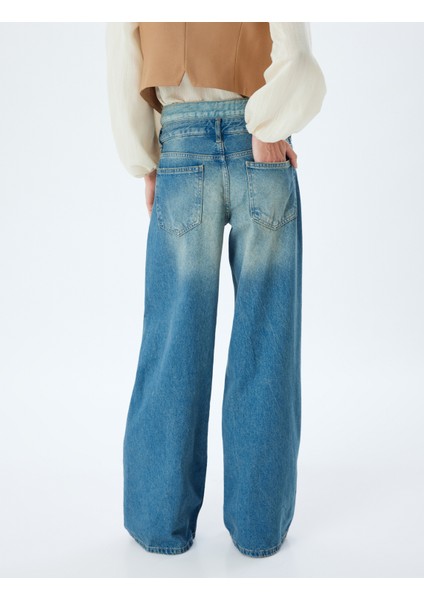 Bol Kot Pantolon Çift Bel Detaylı Düğmeli Yıkamalı Loose Straight Fit Jean fırsatları