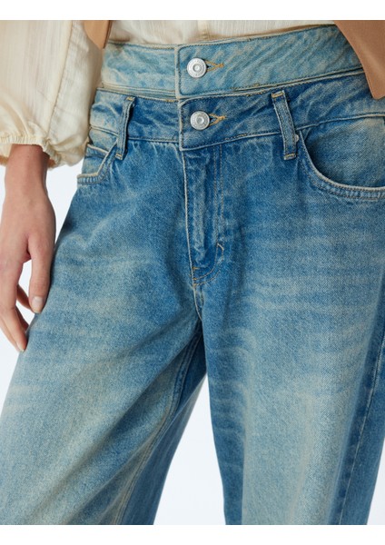 Bol Kot Pantolon Çift Bel Detaylı Düğmeli Yıkamalı Loose Straight Fit Jean indirimleri