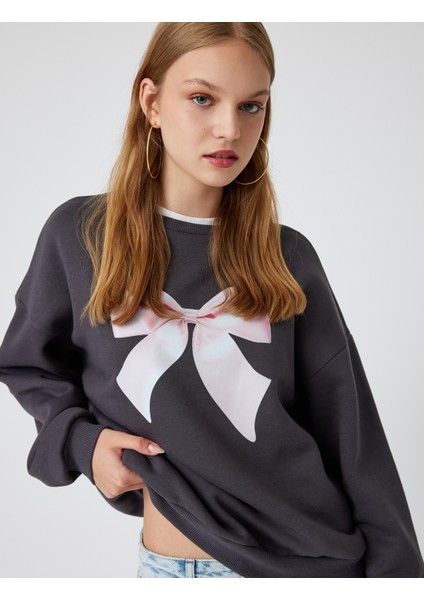 Oversize Sweatshirt Fiyonk Baskılı Bisiklet Yaka Şardonlu