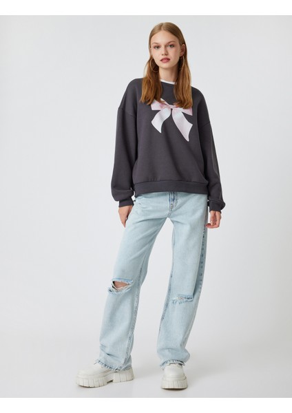 Oversize Sweatshirt Fiyonk Baskılı Bisiklet Yaka Şardonlu