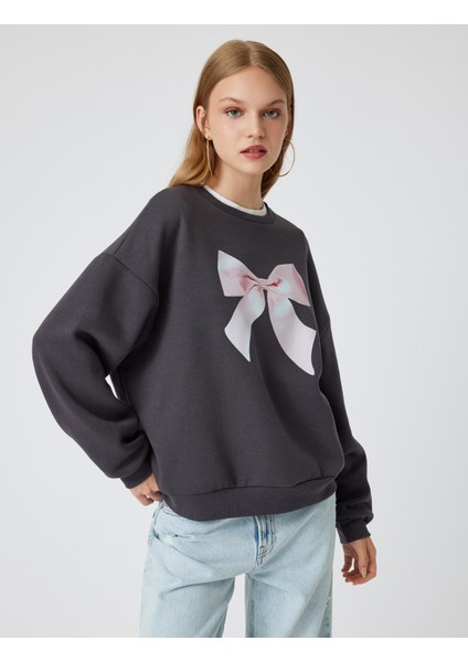 Oversize Sweatshirt Fiyonk Baskılı Bisiklet Yaka Şardonlu