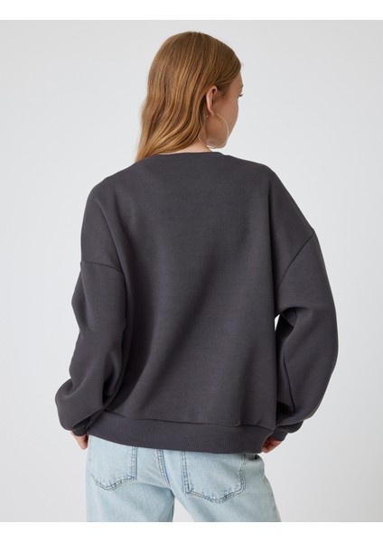 Oversize Sweatshirt Fiyonk Baskılı Bisiklet Yaka Şardonlu