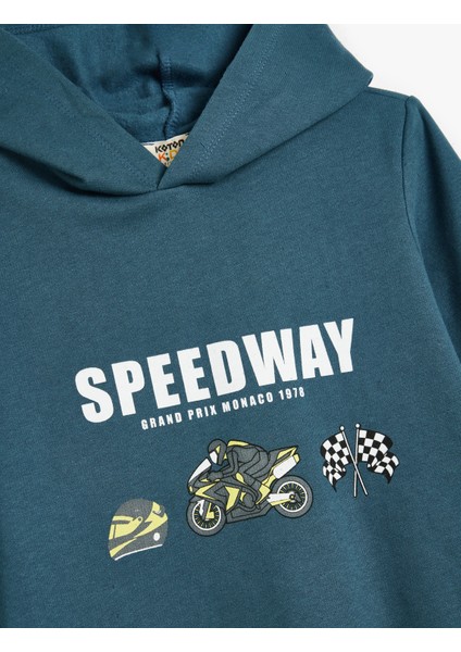 Kapşonlu Sweatshirt Motosiklet Baskılı Uzun Kollu modelleri