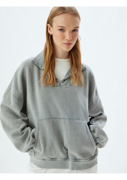 Oversize Sweatshirt Yarım Fermuarlı Kanguru Cepli Yıkamalı Dik Yaka