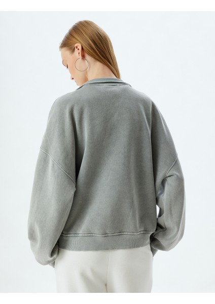Oversize Sweatshirt Yarım Fermuarlı Kanguru Cepli Yıkamalı Dik Yaka