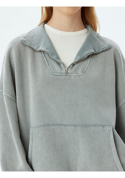 Oversize Sweatshirt Yarım Fermuarlı Kanguru Cepli Yıkamalı Dik Yaka