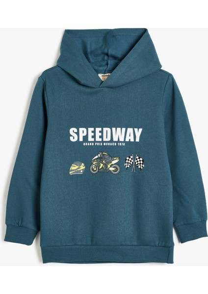 Kapşonlu Sweatshirt Motosiklet Baskılı Uzun Kollu