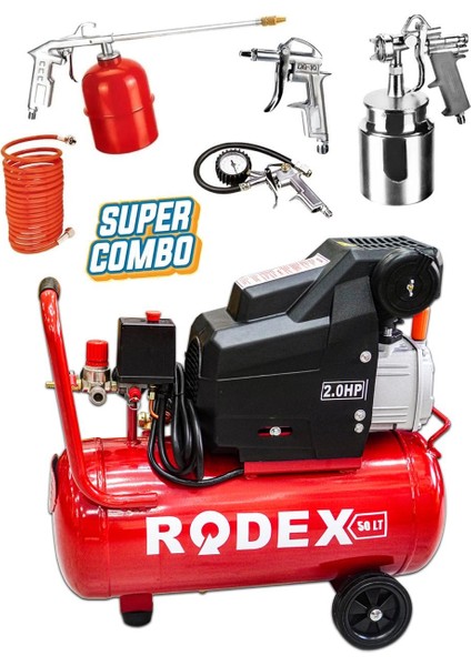 Germany Style Rodex 50 Litre Hava Kompresörü 5 Parça Havalı Setli Yağlı Sistem 8 Bar Basınç Ayarlı Germany Style