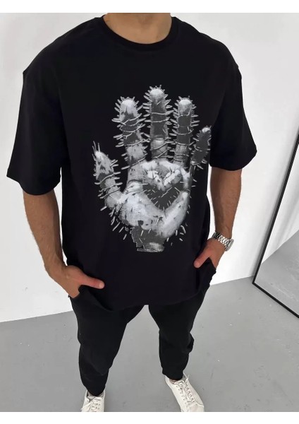 Bisiklet Yaka Baskılı Oversize T-Shirt - Siyah
