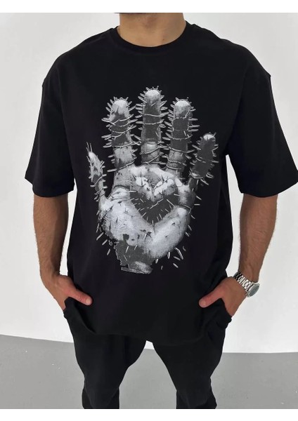Bisiklet Yaka Baskılı Oversize T-Shirt - Siyah