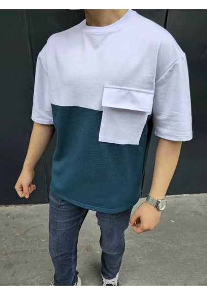 Torba Cep Detaylı Parçalı T-Shirt - Lacivert