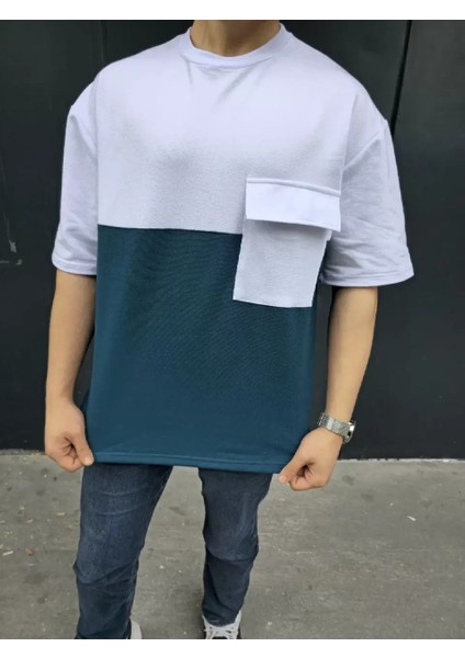 Torba Cep Detaylı Parçalı T-Shirt - Lacivert