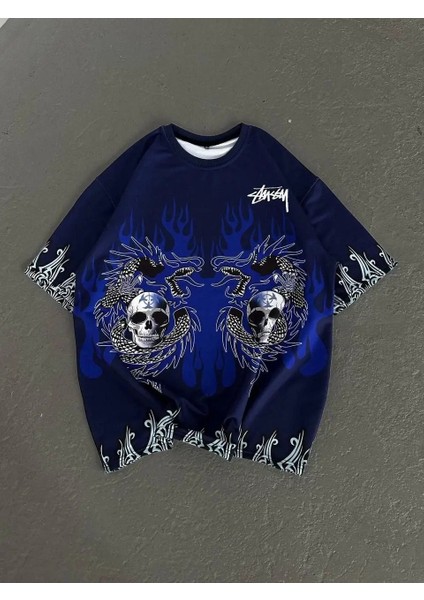 Bisiklet Yaka Baskılı Oversize T-Shirt - Lacivert
