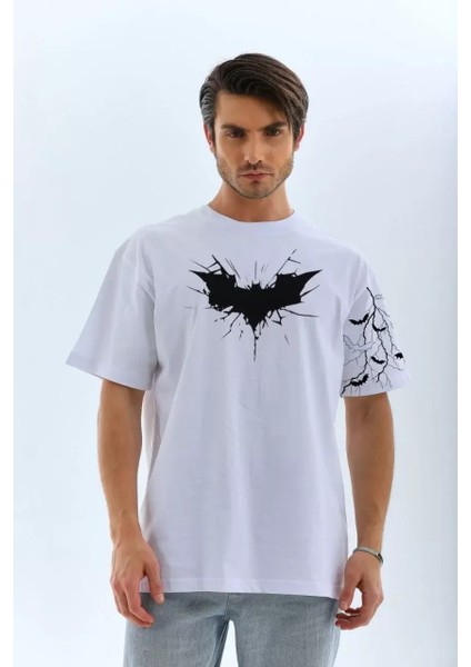 Ön ve Kol Baskılı Oversize T-Shirt - Beyaz