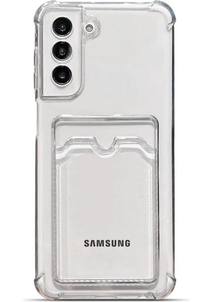 Case World Samsung Galaxy S21 Plus Kapak Kamera Korumalı Kartlıklı Darbe Emici Özellikli Şeffaf Silikon Kılıf