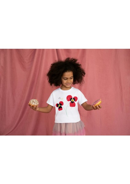 Kız Çocuk Pamuk Gelincik Baskılı Kısa Kol Tshirt
