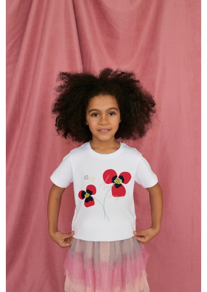 Kız Çocuk Pamuk Gelincik Baskılı Kısa Kol Tshirt fiyatları