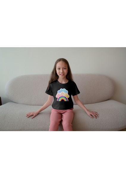 Kız Çocuk Pamuk Gökkuşağı Baskılı Kısa Kol Tshirt modelleri