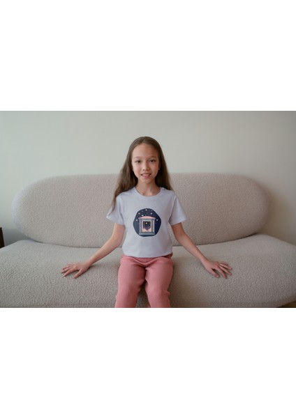 Kız Çocuk Pamuk Gece Yıldızları Baskılı Kısa Kol Tshirt modelleri