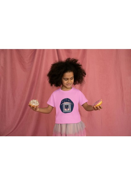 Kız Çocuk Pamuk Gece Yıldızları Baskılı Kısa Kol Tshirt