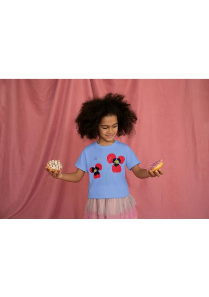 Kız Çocuk Pamuk Gelincik Baskılı Kısa Kol Tshirt