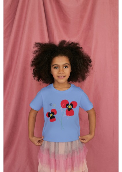 Kız Çocuk Pamuk Gelincik Baskılı Kısa Kol Tshirt fiyatları