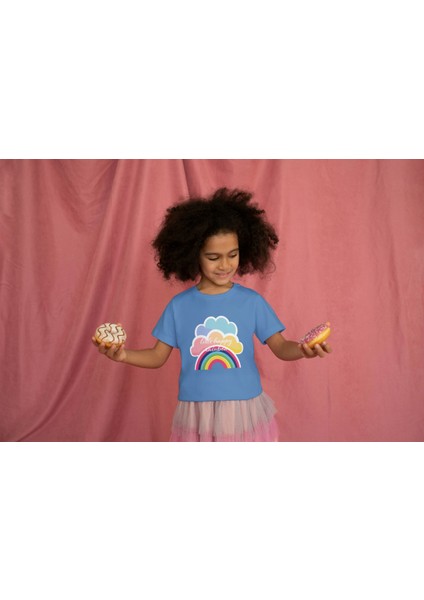 Kız Çocuk Pamuk Gökkuşağı Baskılı Kısa Kol Tshirt