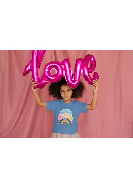 Kız Çocuk Pamuk Gökkuşağı Baskılı Kısa Kol Tshirt fiyatları