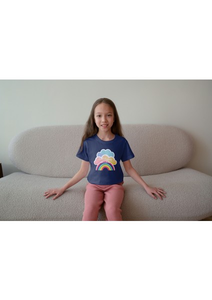 Kız Çocuk Pamuk Gökkuşağı Baskılı Kısa Kol Tshirt