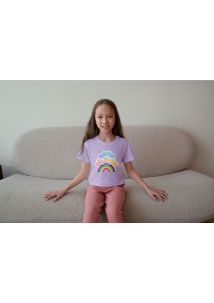 Kız Çocuk Pamuk Gökkuşağı Baskılı Kısa Kol Tshirt