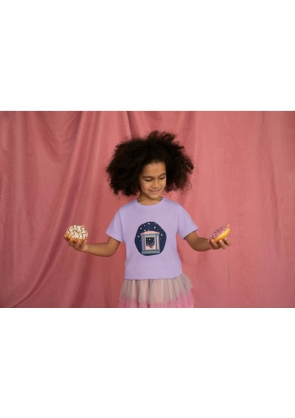 Kız Çocuk Pamuk Gece Yıldızları Baskılı Kısa Kol Tshirt