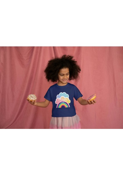 Kız Çocuk Pamuk Gökkuşağı Baskılı Kısa Kol Tshirt