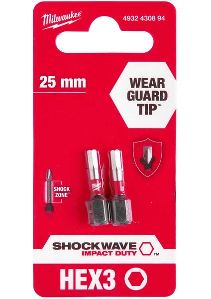 Hex3 mm 25 mm Shockwave Impact Bits Uç - 2'li