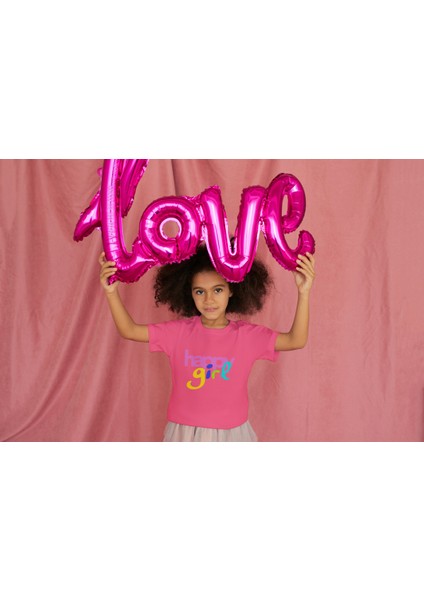 Kız Çocuk Pamuk Happy Girl Baskılı Kısa Kol Tshirt