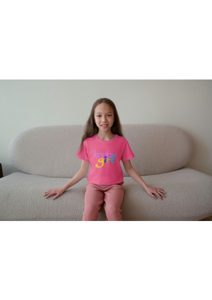 Kız Çocuk Pamuk Happy Girl Baskılı Kısa Kol Tshirt