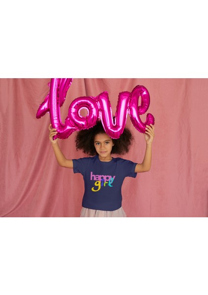 Kız Çocuk Pamuk Happy Girl Baskılı Kısa Kol Tshirt