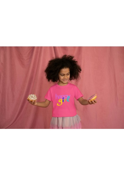 Kız Çocuk Pamuk Happy Girl Baskılı Kısa Kol Tshirt